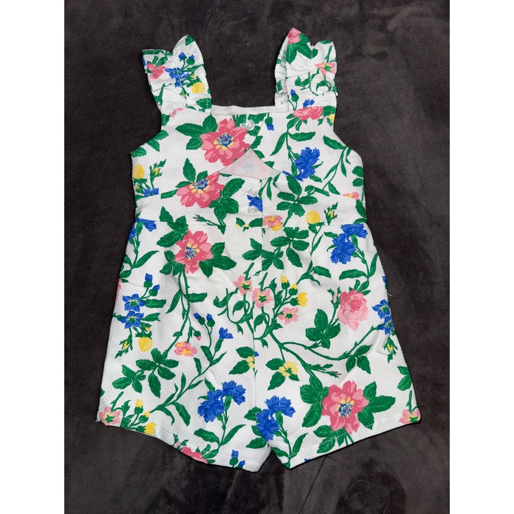 Janie and Jack Girls Floral Ruffle Romper Pique Cutout Back White Pink 6-12M NWT - Picture 4 of 4